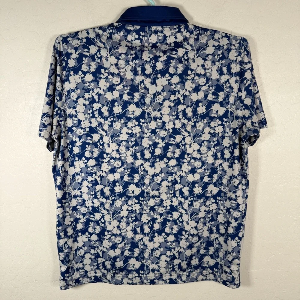 Deolax Polo Shirt Mens Large Blue White Golf Performance Stretch Floral Print - Picture 3 of 8